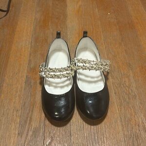 Crewcut shiny black shoes with star straps. Size 4